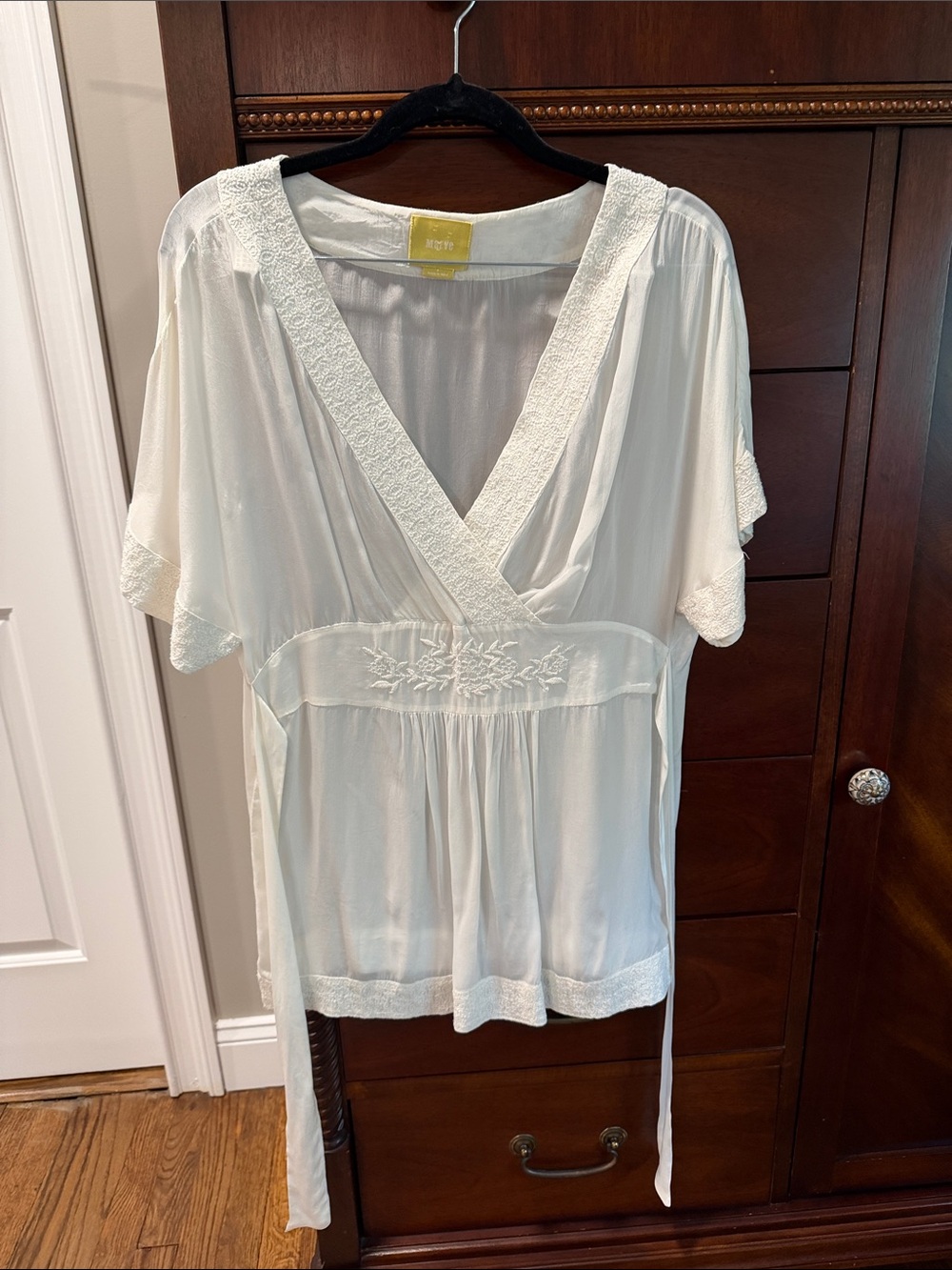 Maeve Ivory V-Neck Embroidered Flutter Sleeve Top